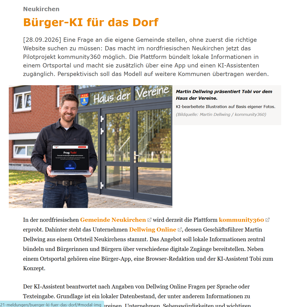 Kommune21 Artikel über Martin Dellwing und Bürger-KI in Neukirchen
