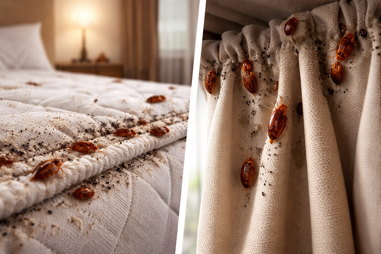 Bed bugs on mattress seam and curtains showing infestation inside Tucson home