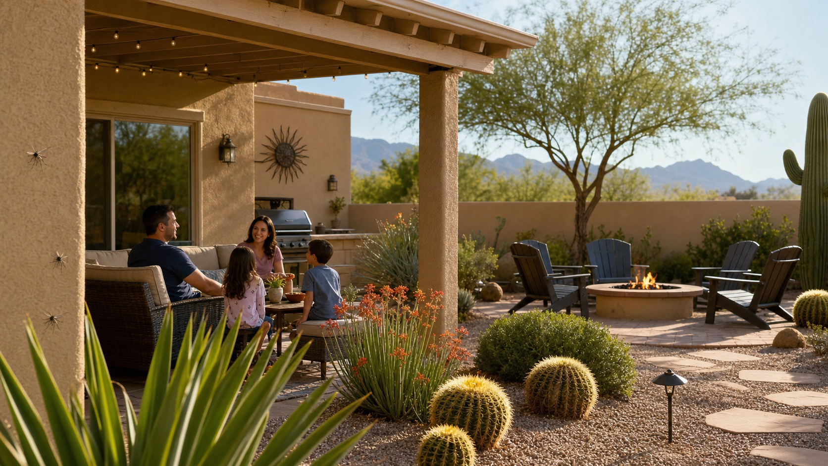 Tucson backyard patio with desert landscaping and outdoor furniture where mosquitoes gather in shaded areas Tucson backyard patio with desert landscaping and outdoor furniture where mosquitoes gather in shaded areas