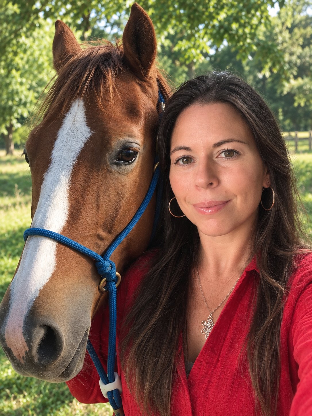 Lis Mazza, Visalia and Three Rivers Realtor, with a chestnut horse in the Tulare County countryside