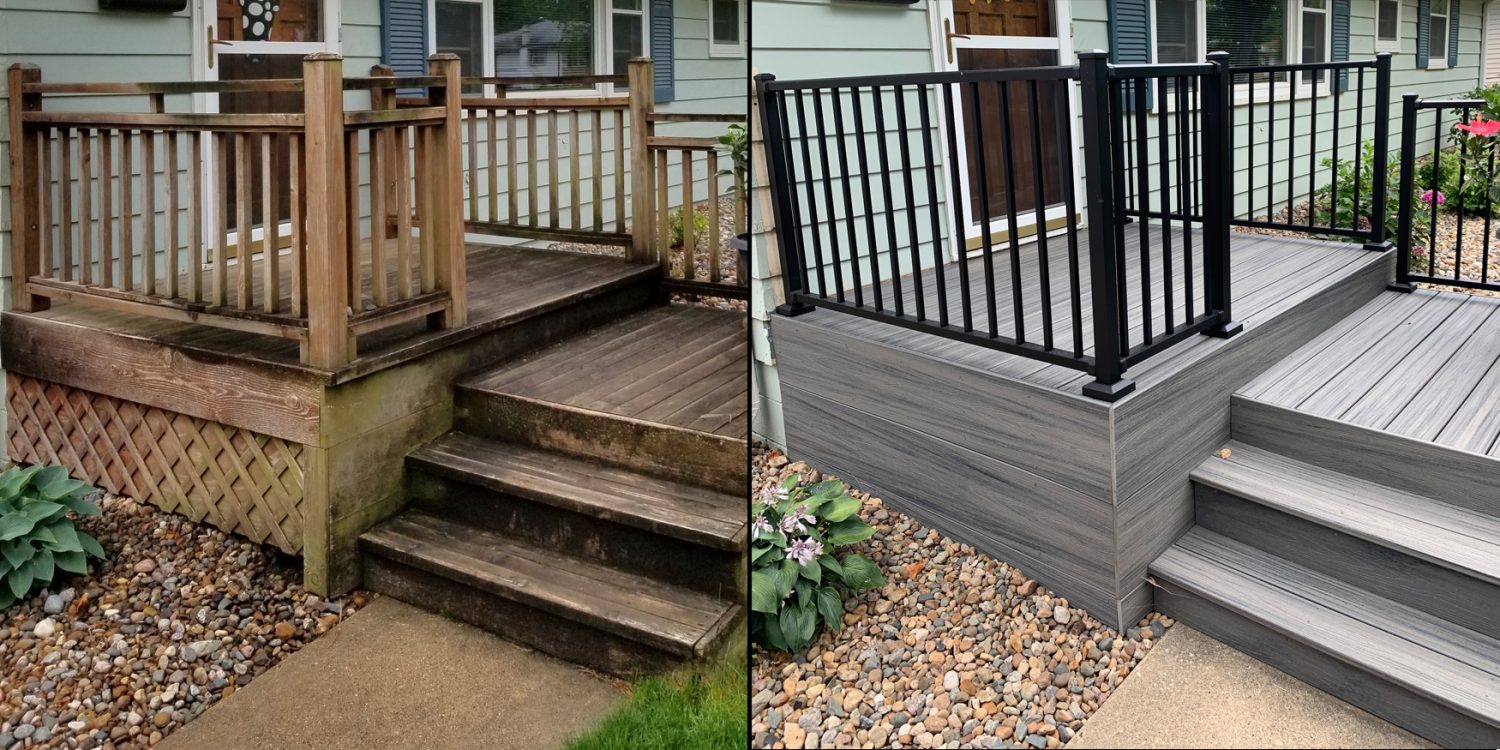 Before and after deck rebuild with composite decking and black metal railing — New Generation Handyman, Alpharetta GA