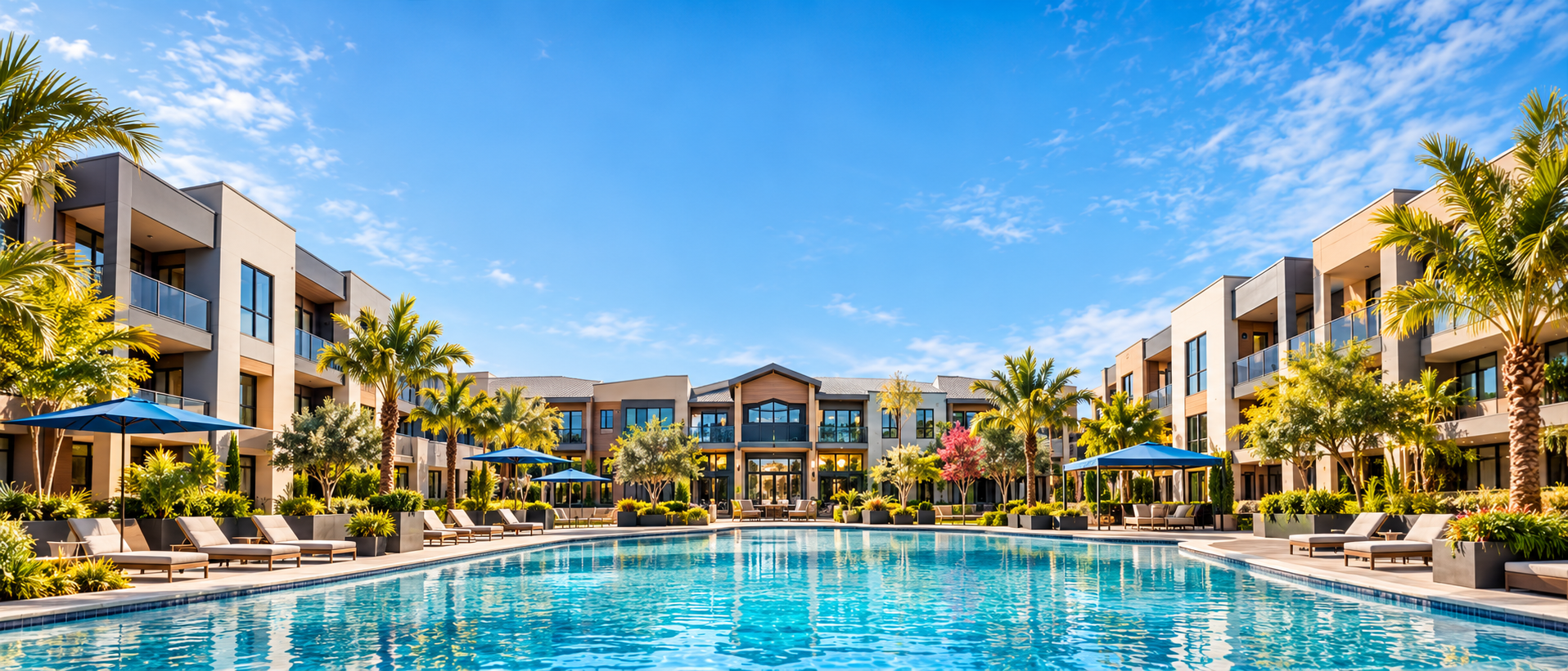 Multifamily apartment community with a central swimming pool
