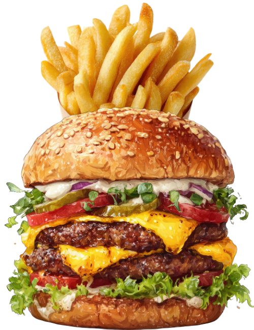 Patra's famous charbroiled burger with golden fries and drink