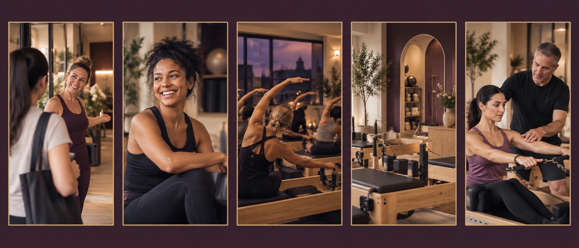 Five different advert concepts for the same Pilates studio, including welcome, testimonial, class, studio and demonstration imagery