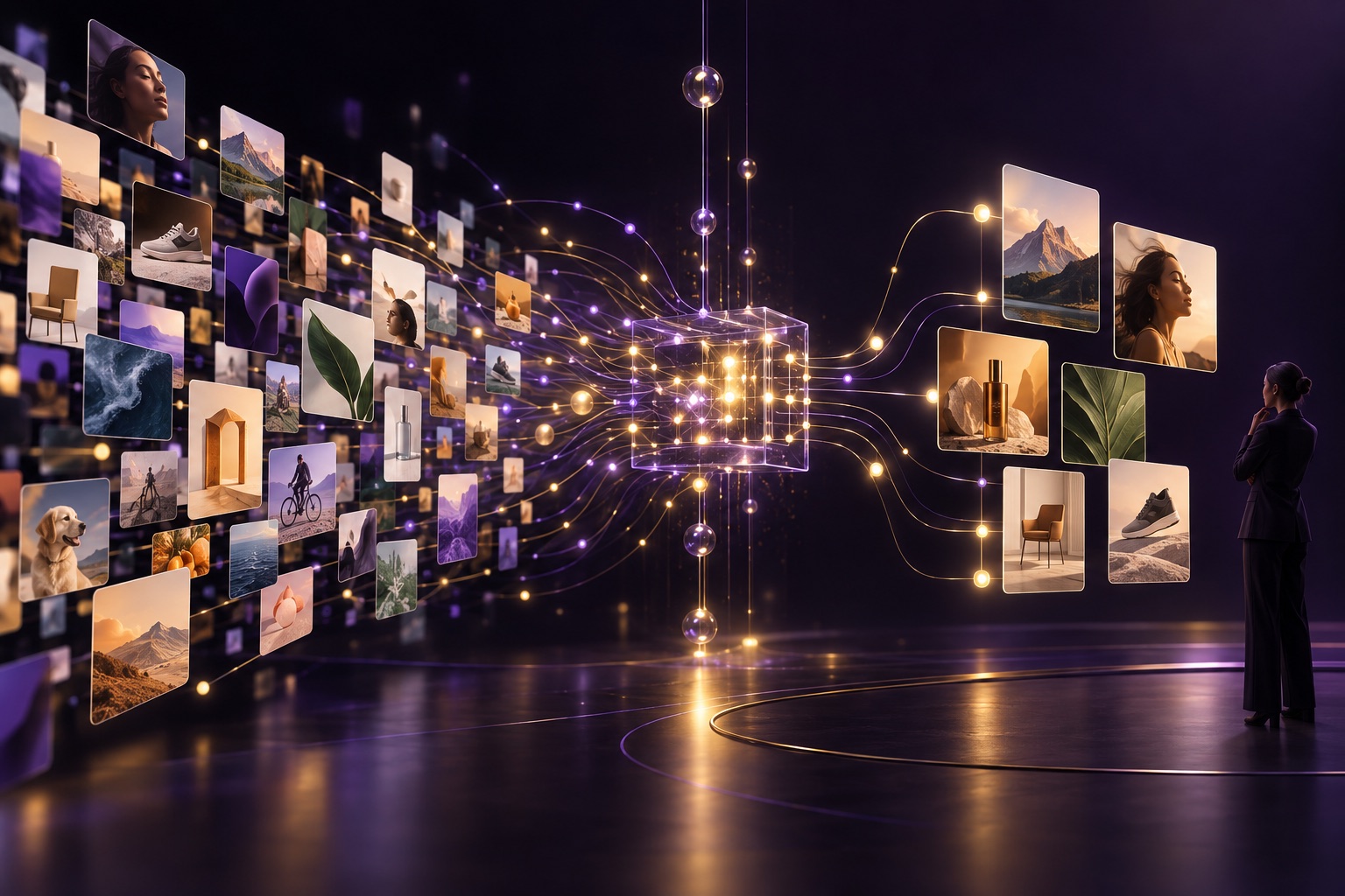 Conceptual illustration of varied advert ideas being selected through an intelligent advertising network