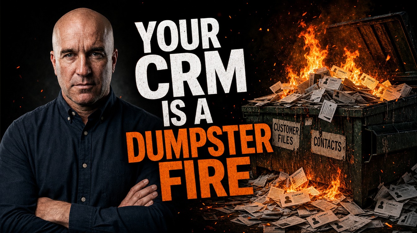 Kingdom Media Company Sticky Notes cover image for Your CRM Is a Dumpster Fire, showing a burning dumpster overflowing with customer contact files.