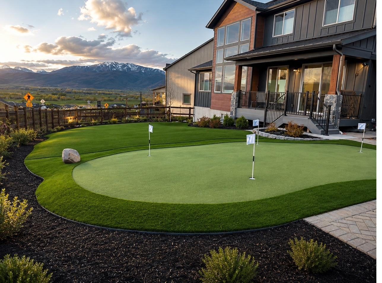 Backyard artificial turf putting green at golden hour with mountain views