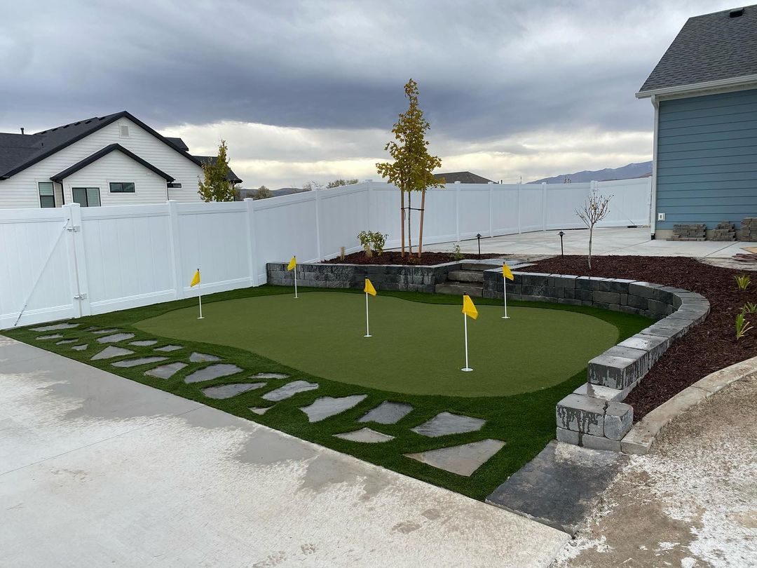 Artificial turf installation in Lehi, UT. Custom backyard putting green