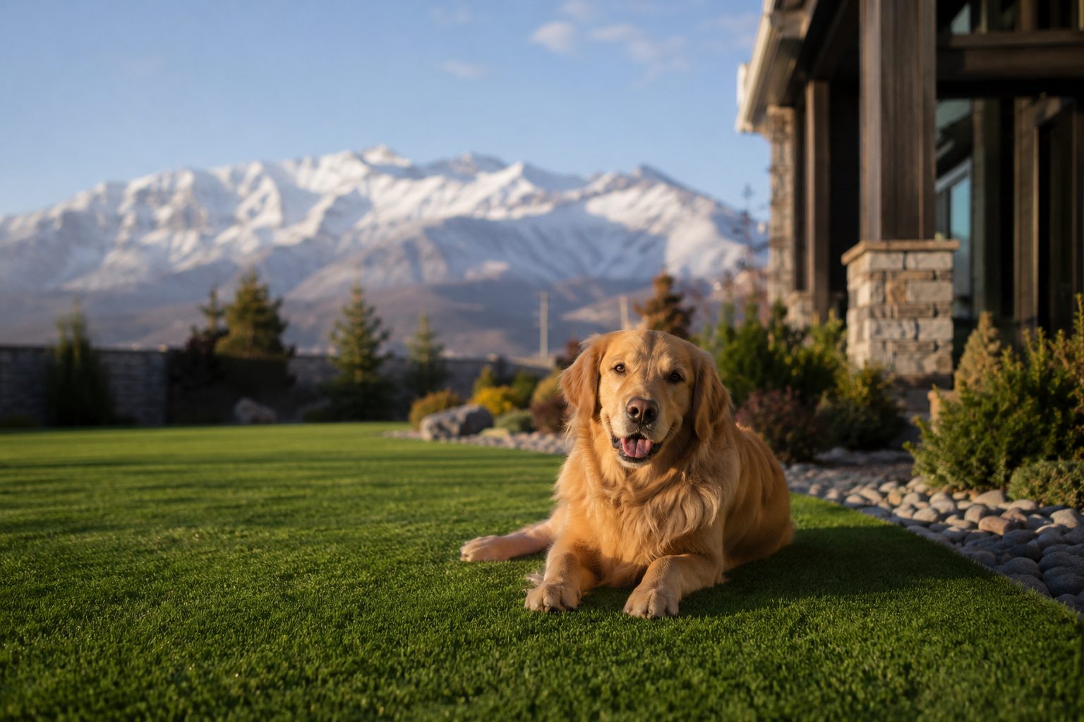 Golden retriever relaxing on a pet-friendly artificial turf lawn with Utah mountain views