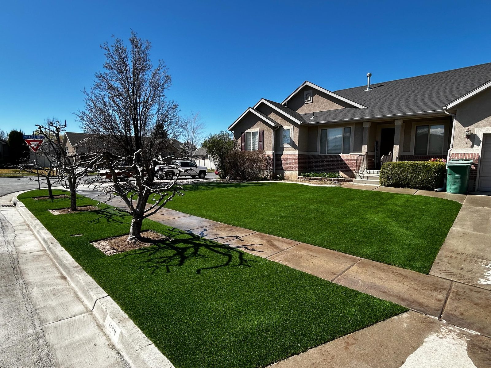 Artificial turf installation in Utah. Front-yard turf & park strip