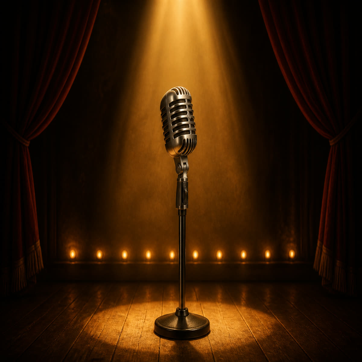 Talks — a vintage microphone in a warm spotlight