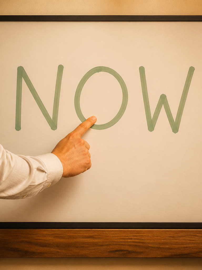 Coaching — a hand pointing at the O in NOW