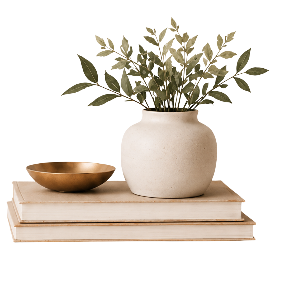 Styled desk with plant and books