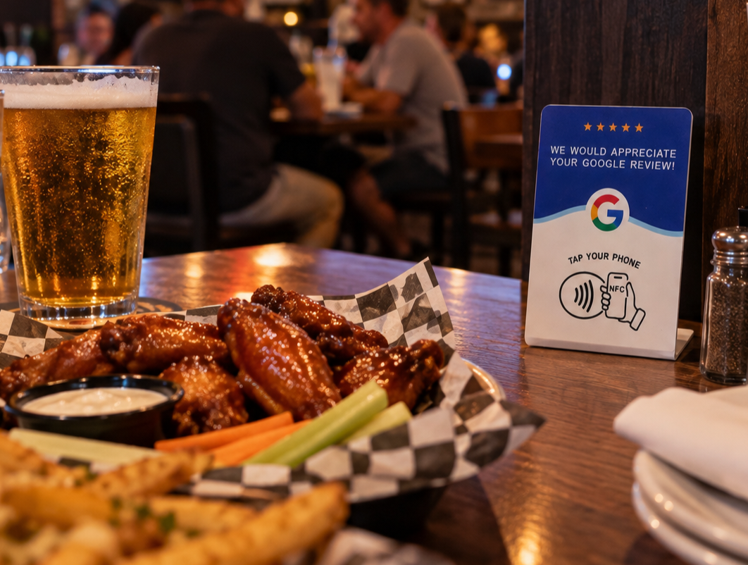 Sports bar dining table feast with wings, beer, and a Google review NFC card display