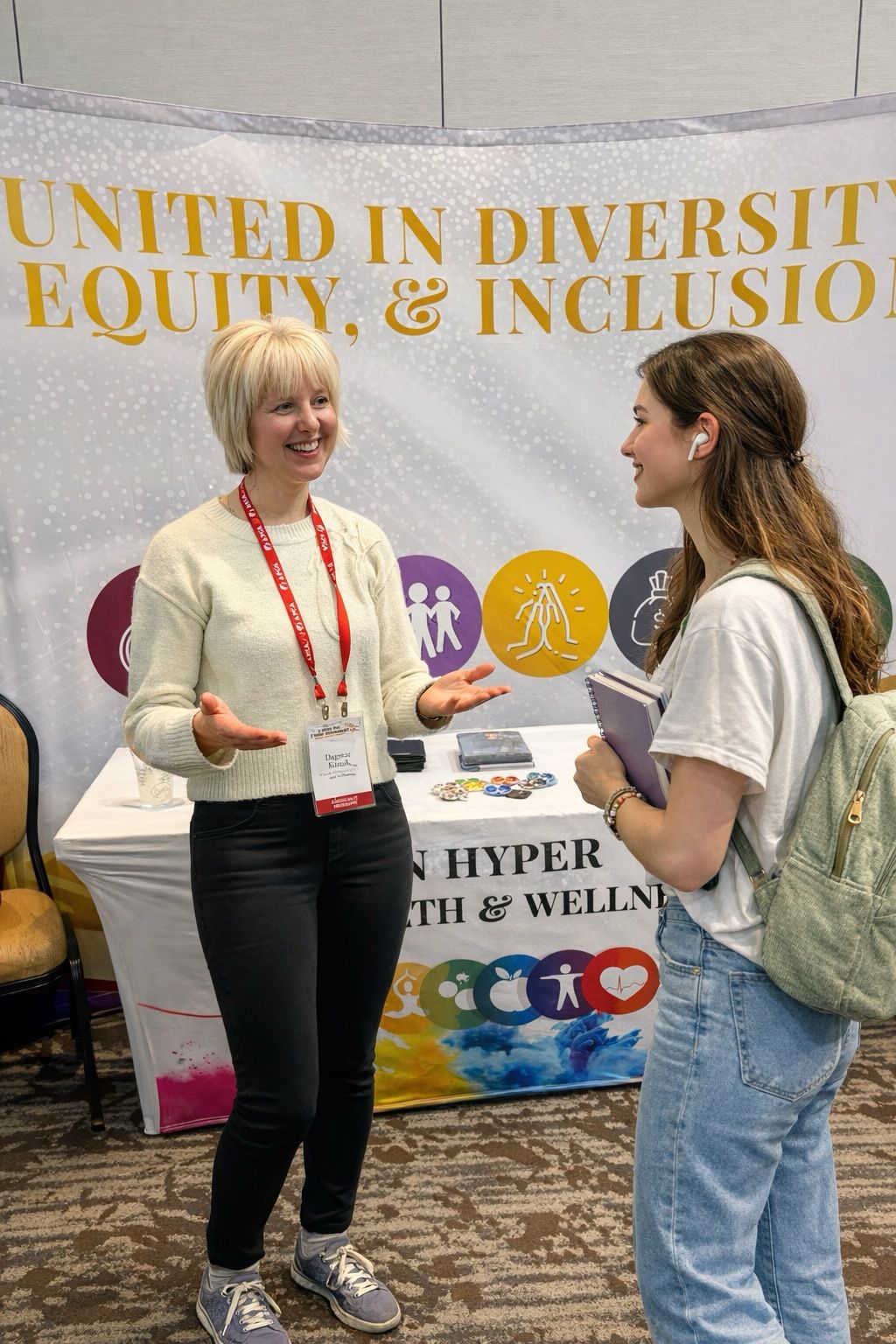 Dagmar Kusiak connecting with a student at a campus event
