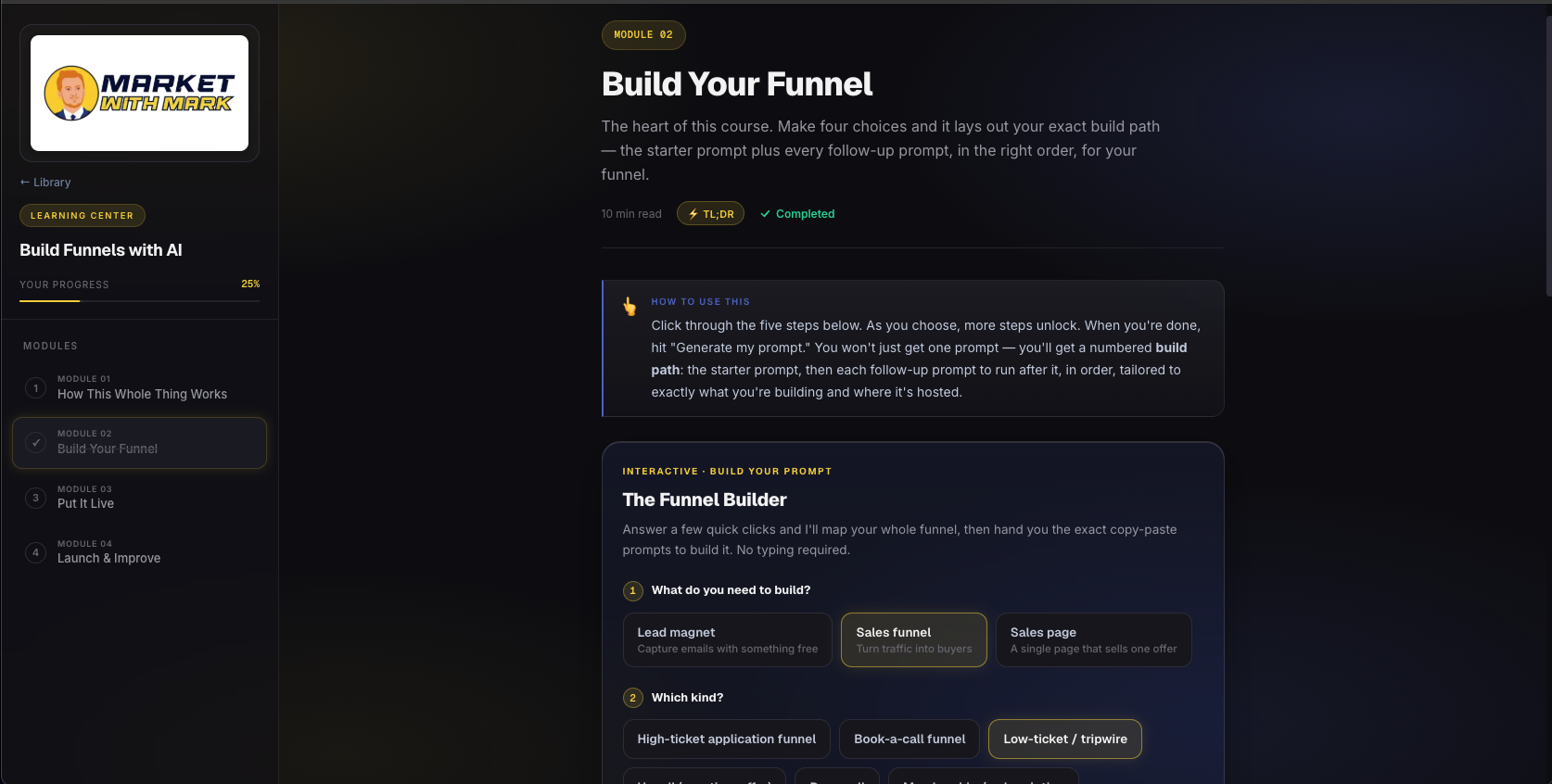 The workbook builds your funnel from a few questions