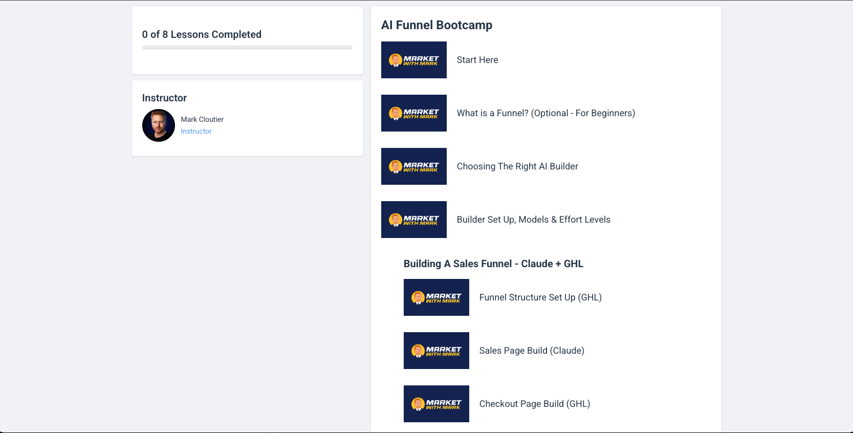 The eight-lesson AI Funnel Bootcamp video course