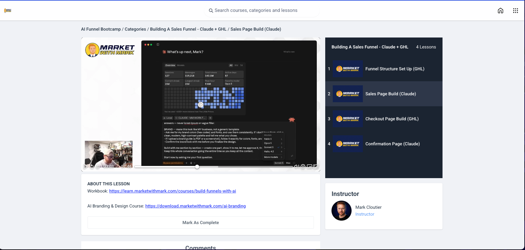 A video lesson building a sales funnel in Claude