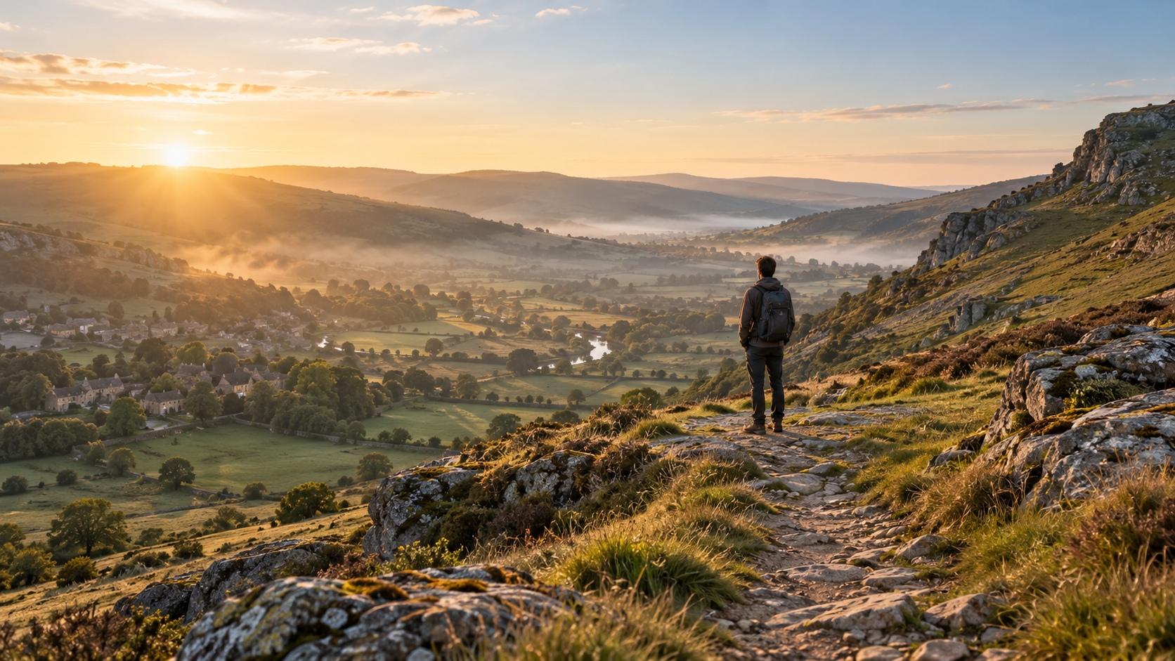Person overlooking an open valley at sunrise, ready to leave a comfort zone