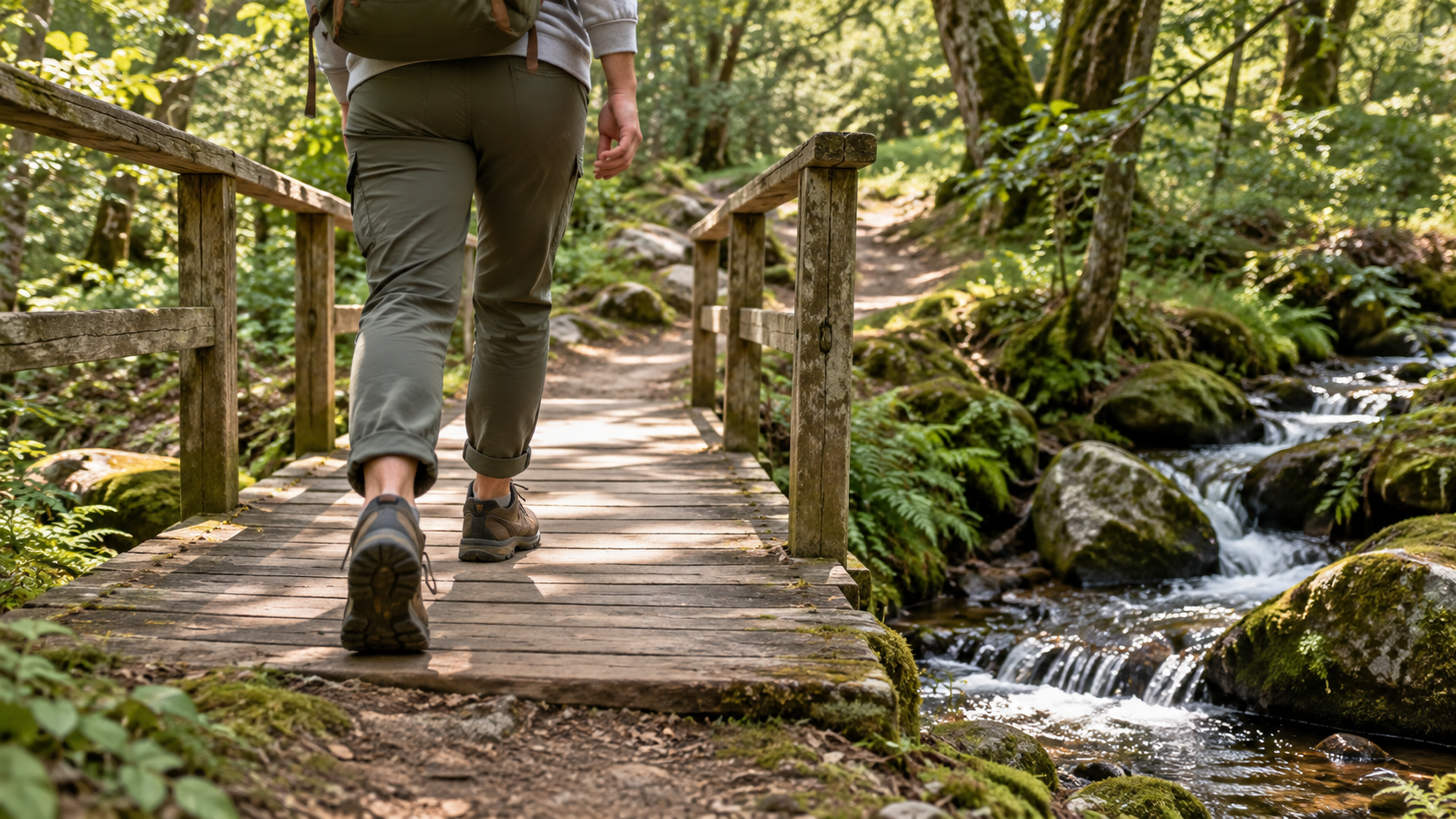 Person taking a first step across a woodland bridge