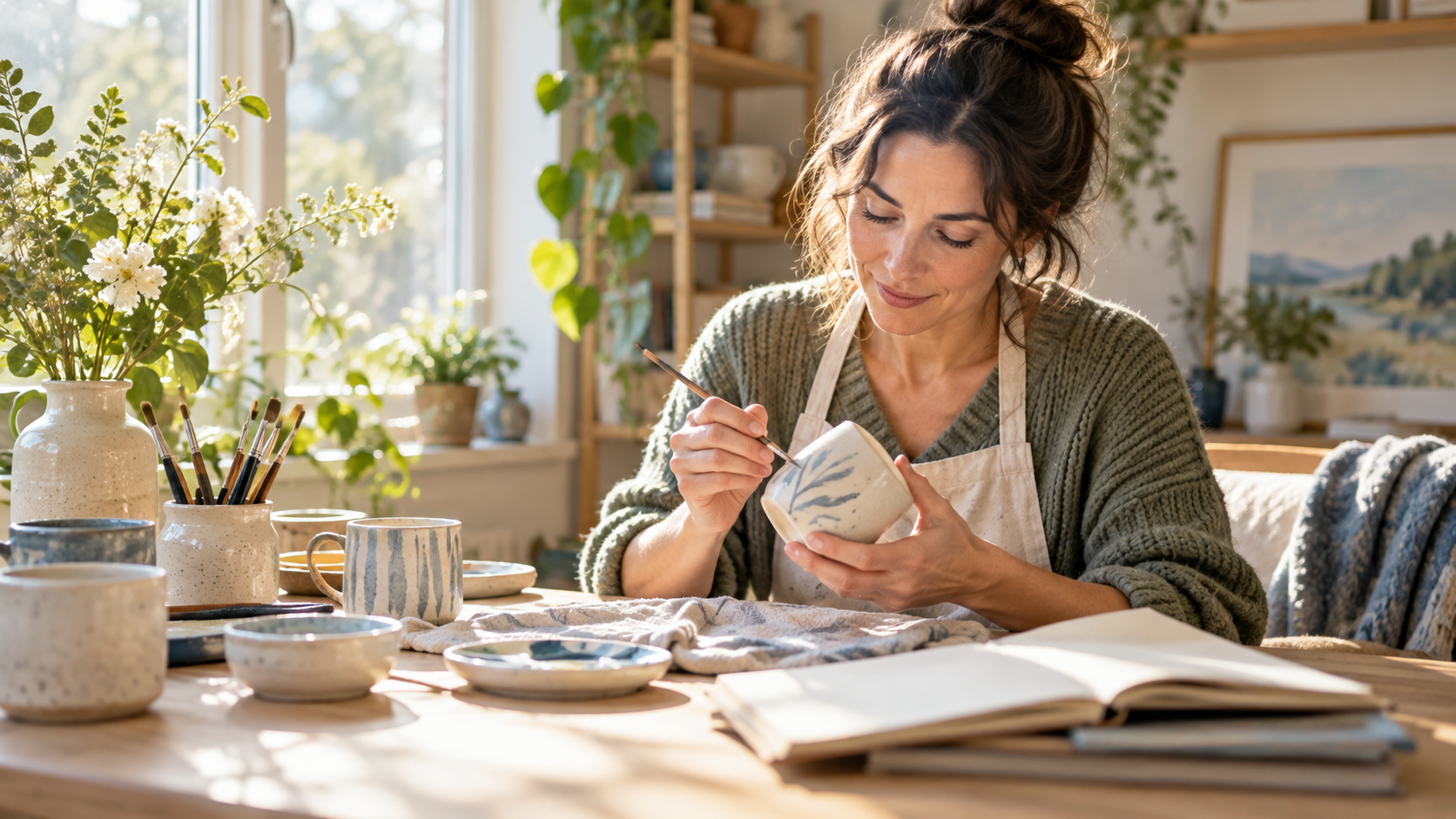 Woman learning a new creative skill at a sunlit table