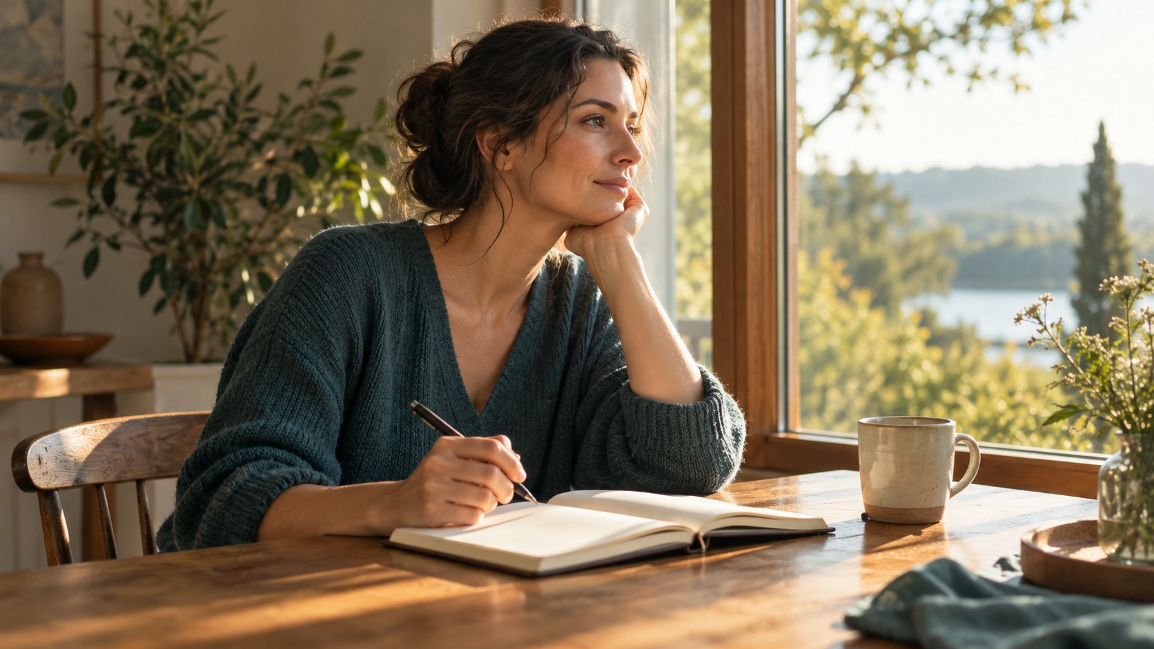 A woman reflects beside a window with an open journal while exploring her own values. A woman reflects beside a window with an open journal while exploring her own values.