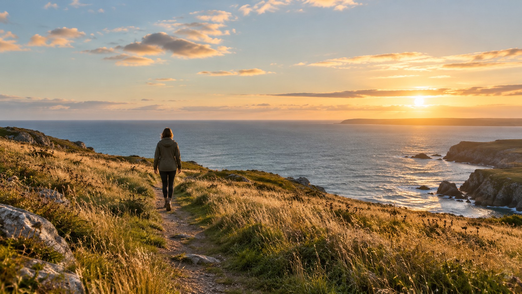 A person walks along a sunlit coastal path toward the open sea, representing freedom and authentic living. A person walks along a sunlit coastal path toward the open sea, representing freedom and authentic living.