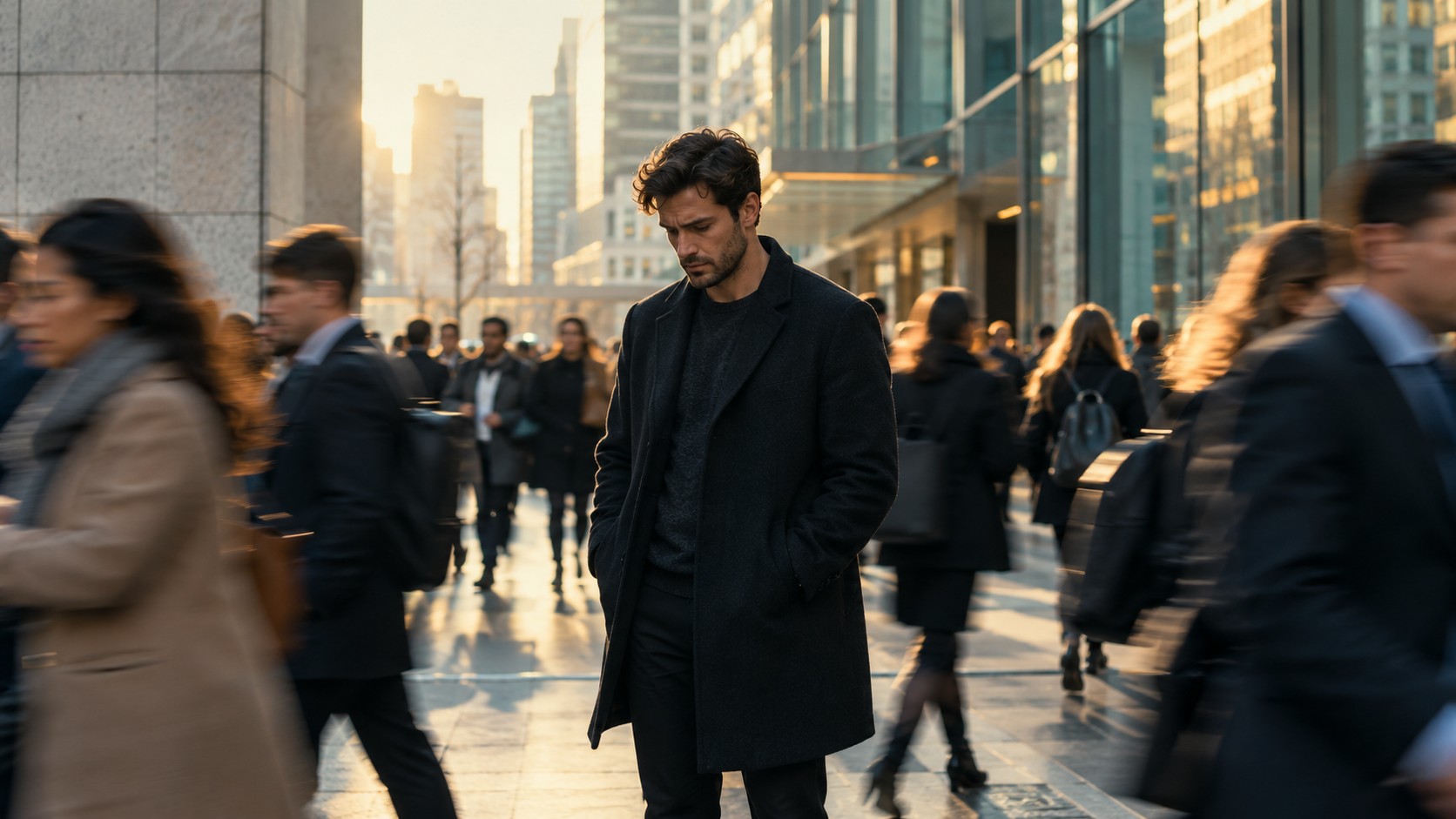 A thoughtful man stands still as a crowd moves around him, reflecting the pressure of other people’s expectations. A thoughtful man stands still as a crowd moves around him, reflecting the pressure of other people’s expectations.