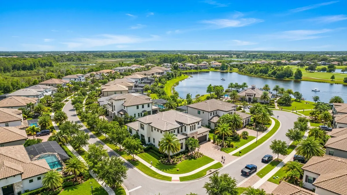 Aerial view of a sunny Central Florida residential neighborhood