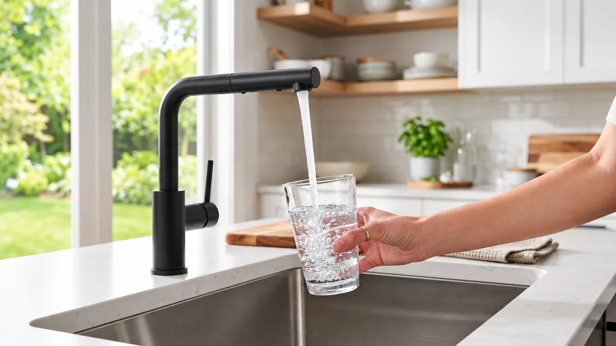 Clean modern kitchen with clear fresh water flowing from faucet