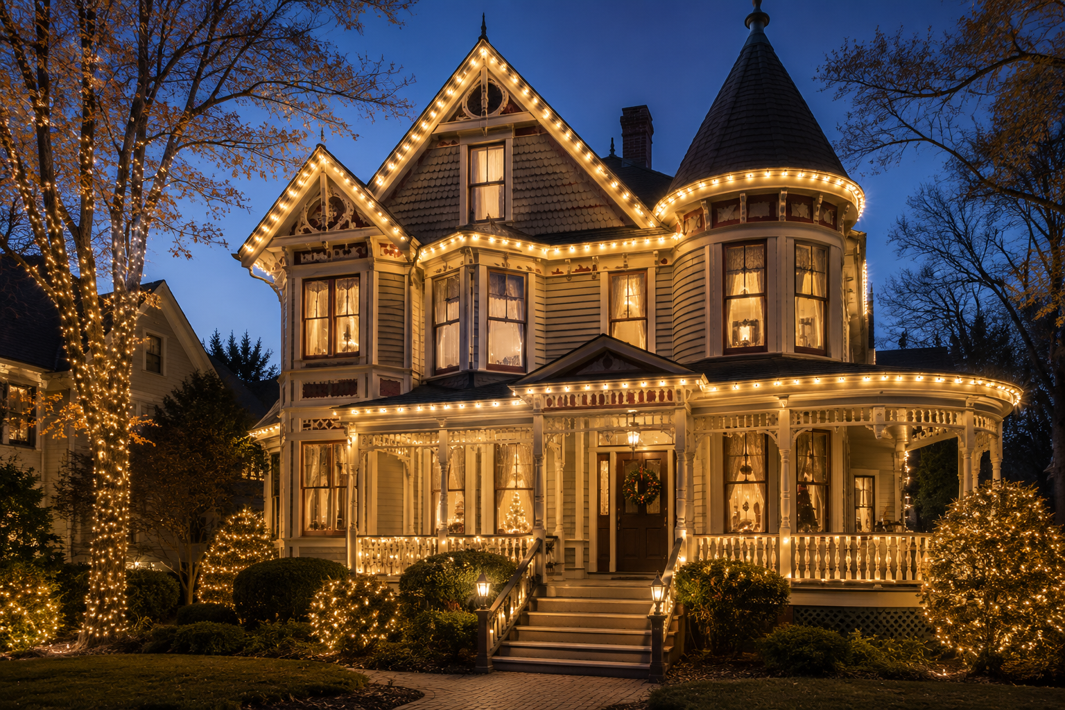 Victorian Home with Warm White Christmas Lights