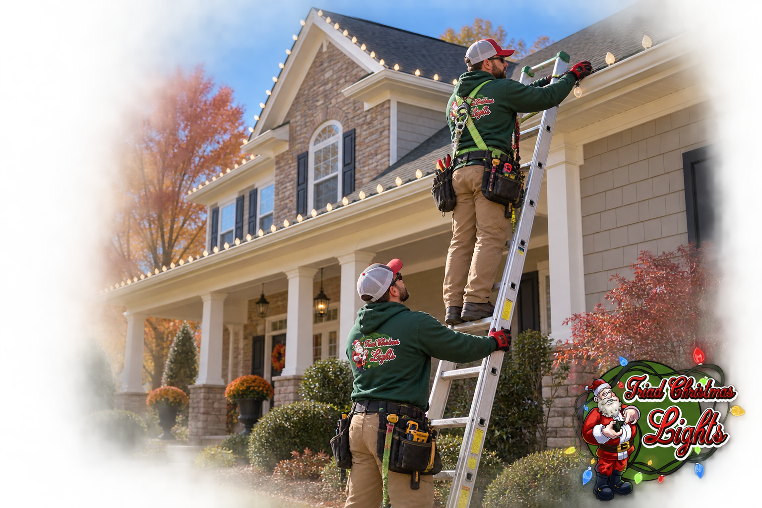 Triad Christmas Lights crew installing holiday lights on a Greensboro home. Triad Christmas Lights crew installing holiday lights on a Greensboro home.