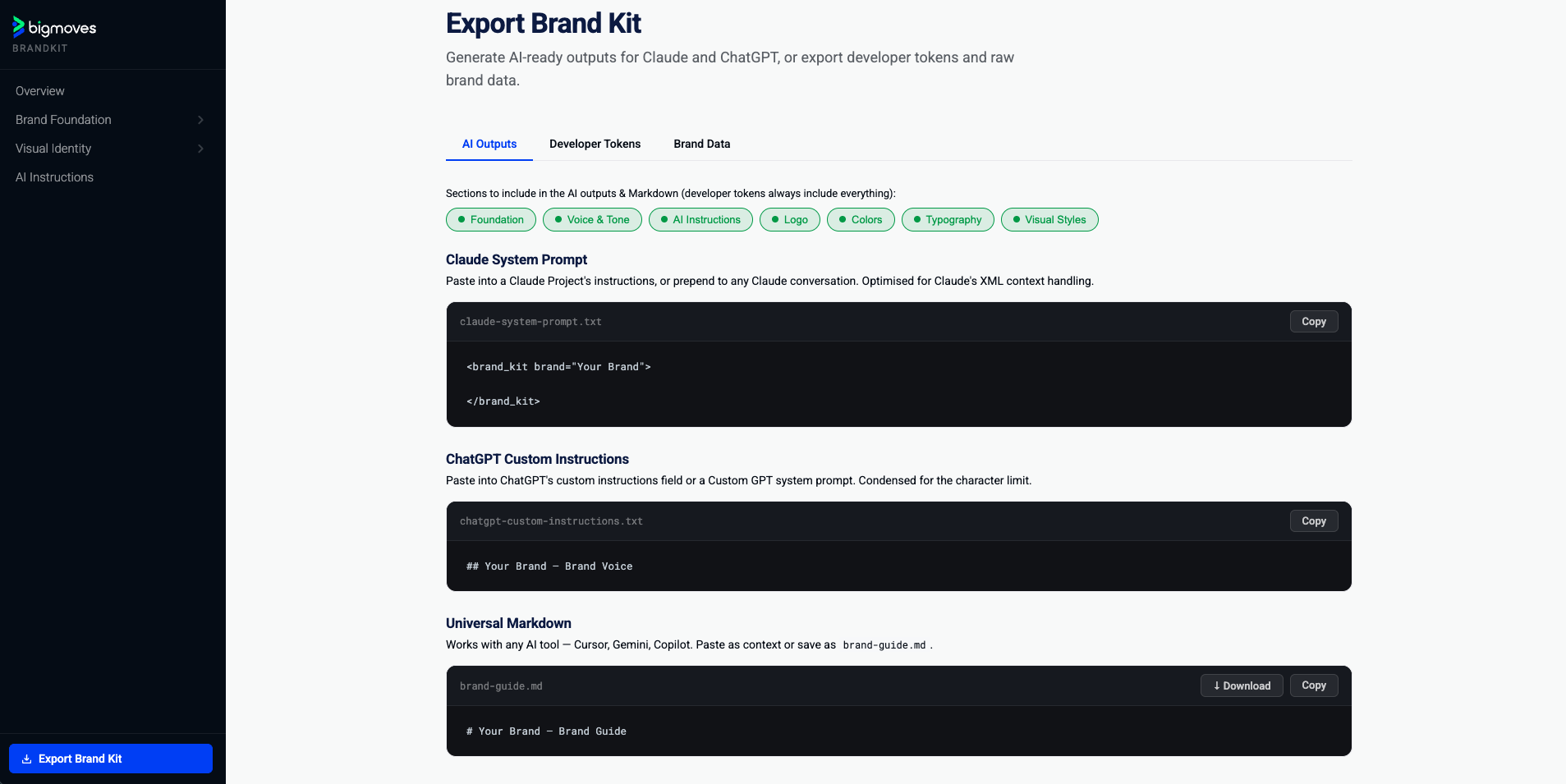 Export and AI outputs section