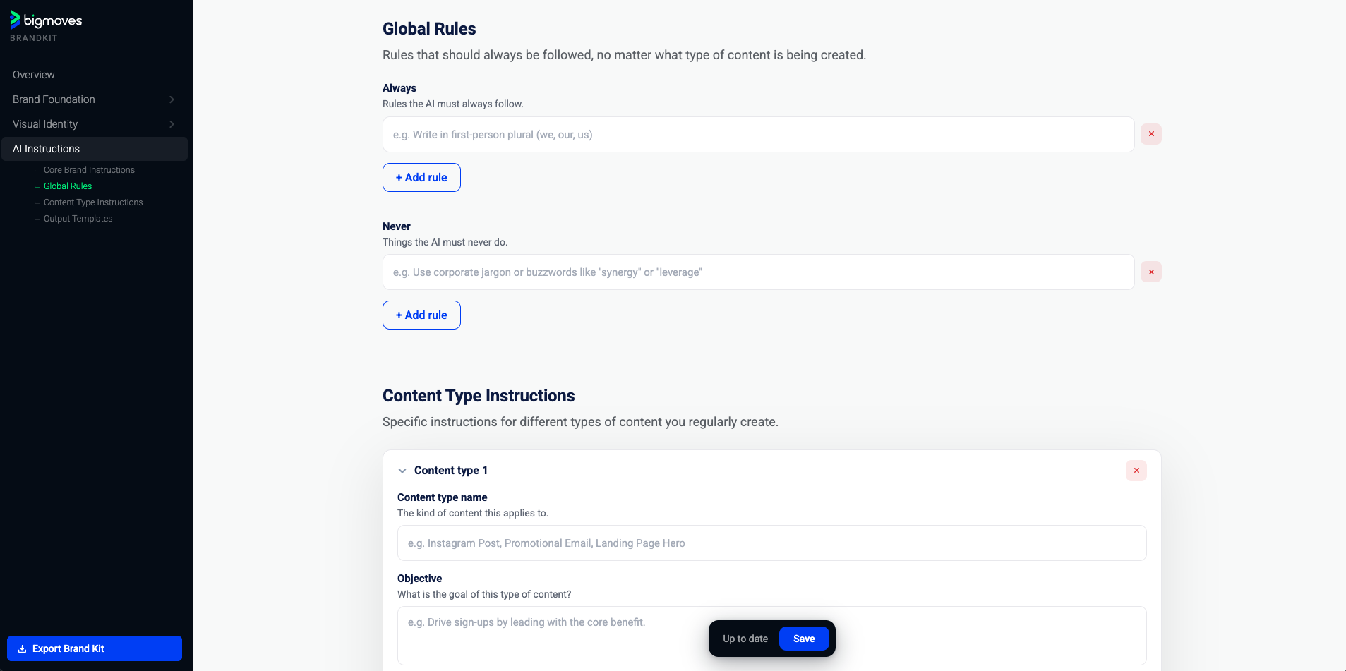 AI Instructions section