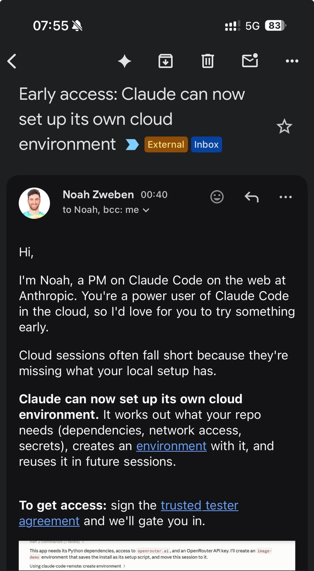 Email from a Claude product manager