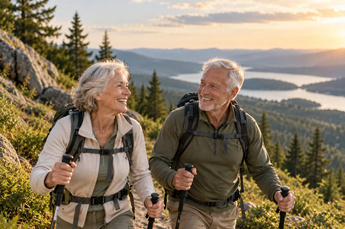 Two adults in their sixties hiking a mountain trail at sunset