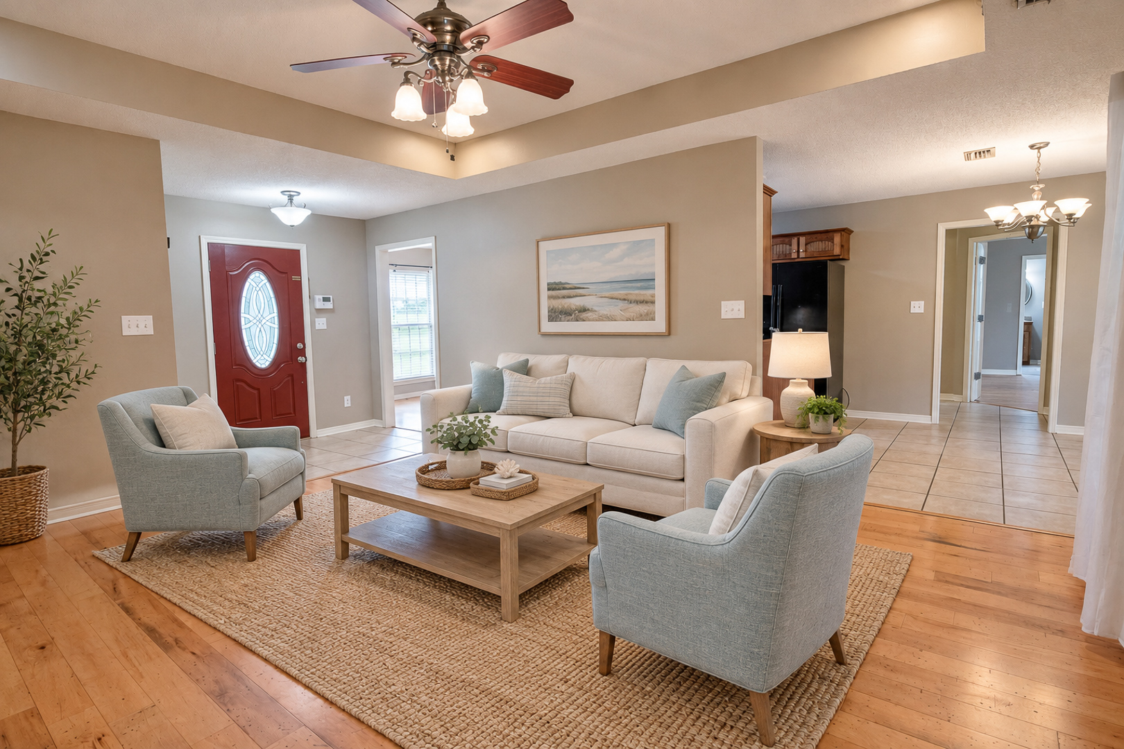 Virtually staged living room, view 2