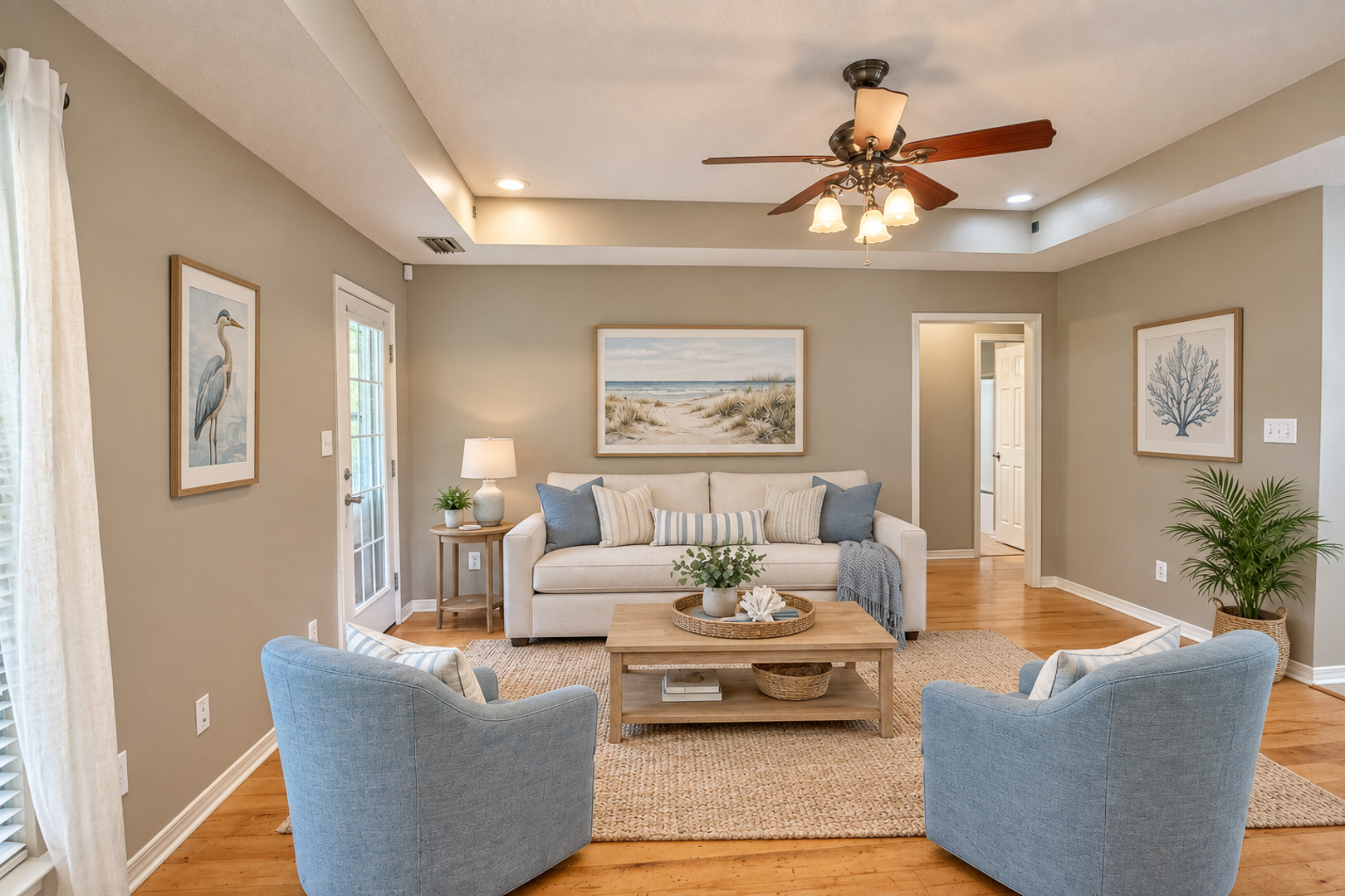 Virtually staged living room, view 1