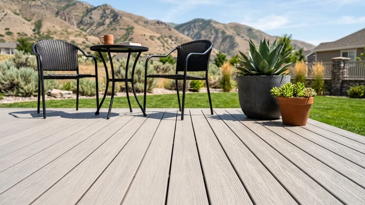 Close-up of a clean light-toned composite deck surface with even board gaps and patio furniture on a bright day