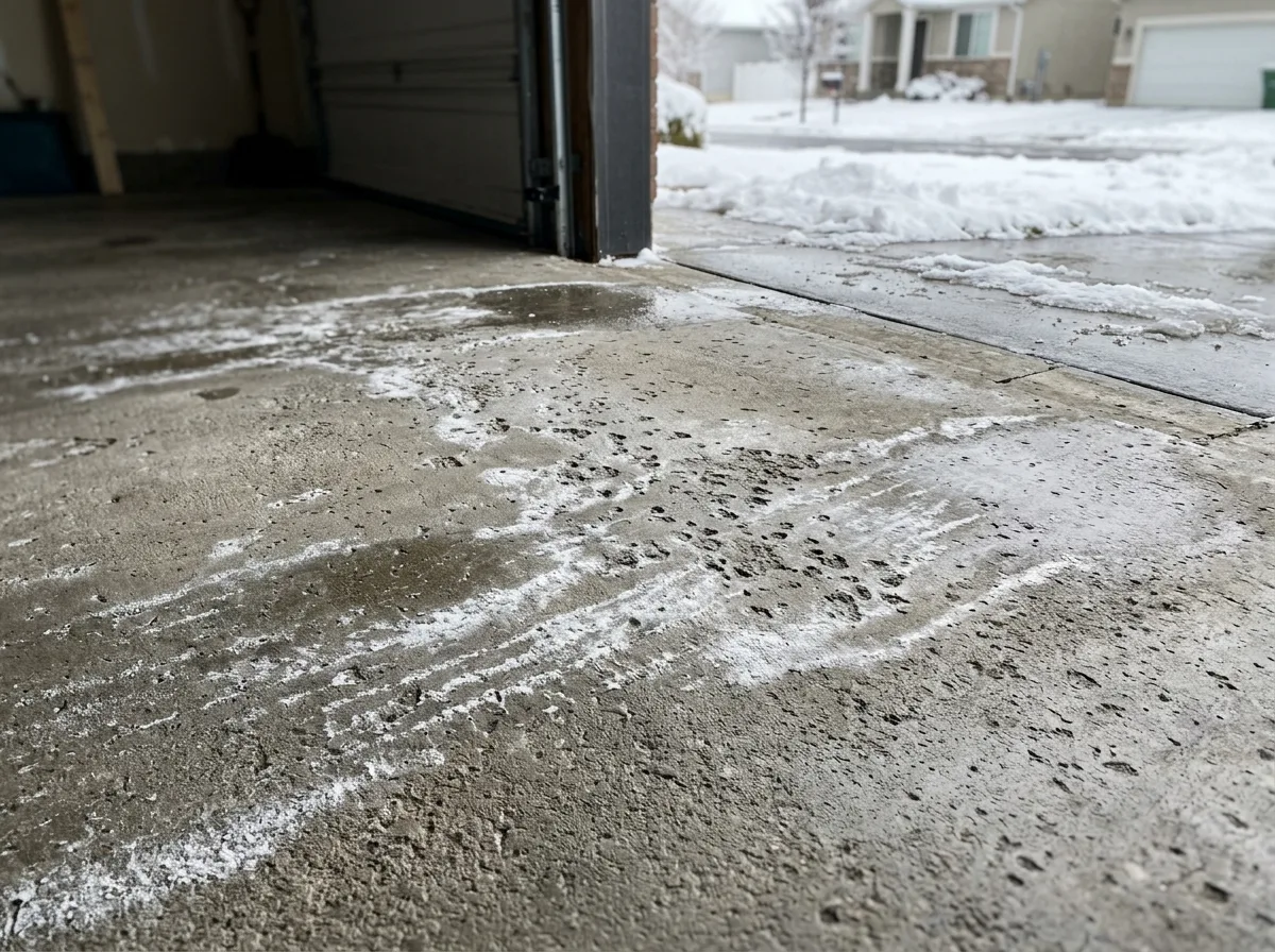 Bare concrete slab at the open door of a Utah garage, streaked with white road-salt residue and pitted from freeze-thaw, with snow banked along the driveway
