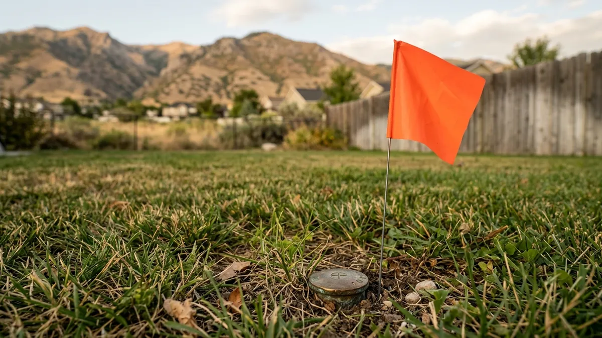 Orange survey flag marking a metal property pin along a fence line in a Utah backyard