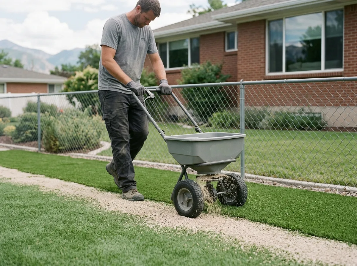 Installer spreading pale antimicrobial infill into freshly laid artificial turf with a drop spreader in a fenced Utah backyard dog run