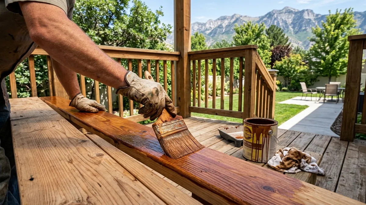 A worker brushing sealant onto a cedar deck, showing the warm grain darkening where the fresh stain is applied