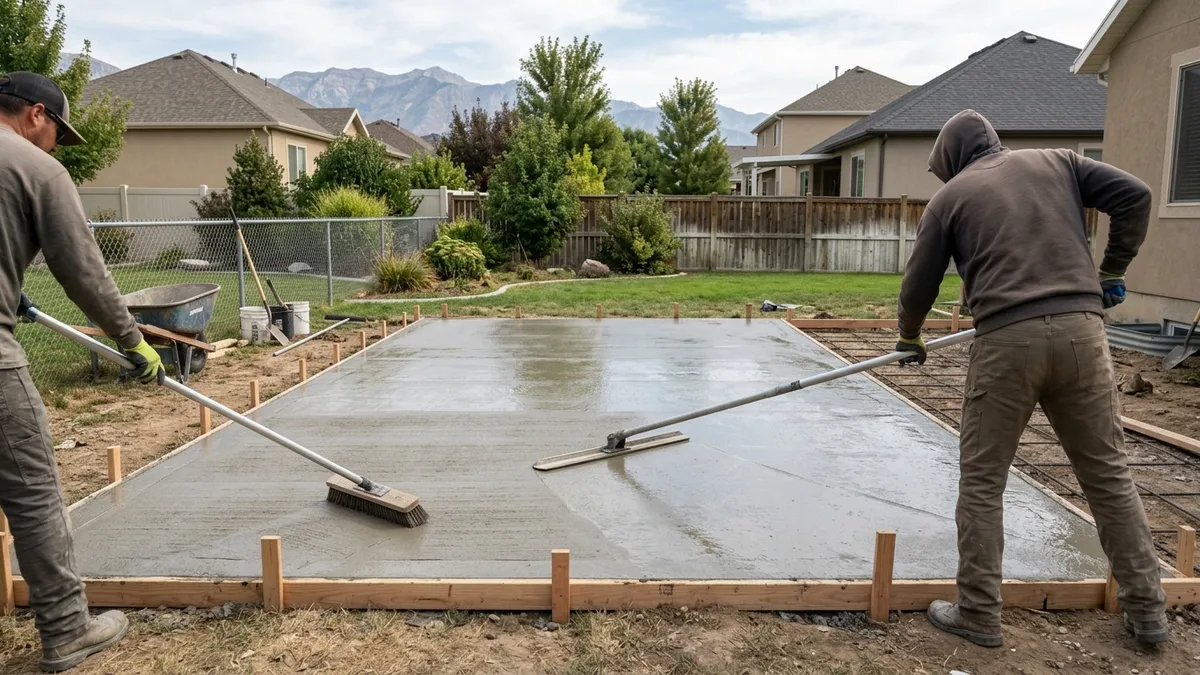 Concrete crew broom-finishing a fresh backyard patio slab on a mild day in a Utah Valley neighborhood