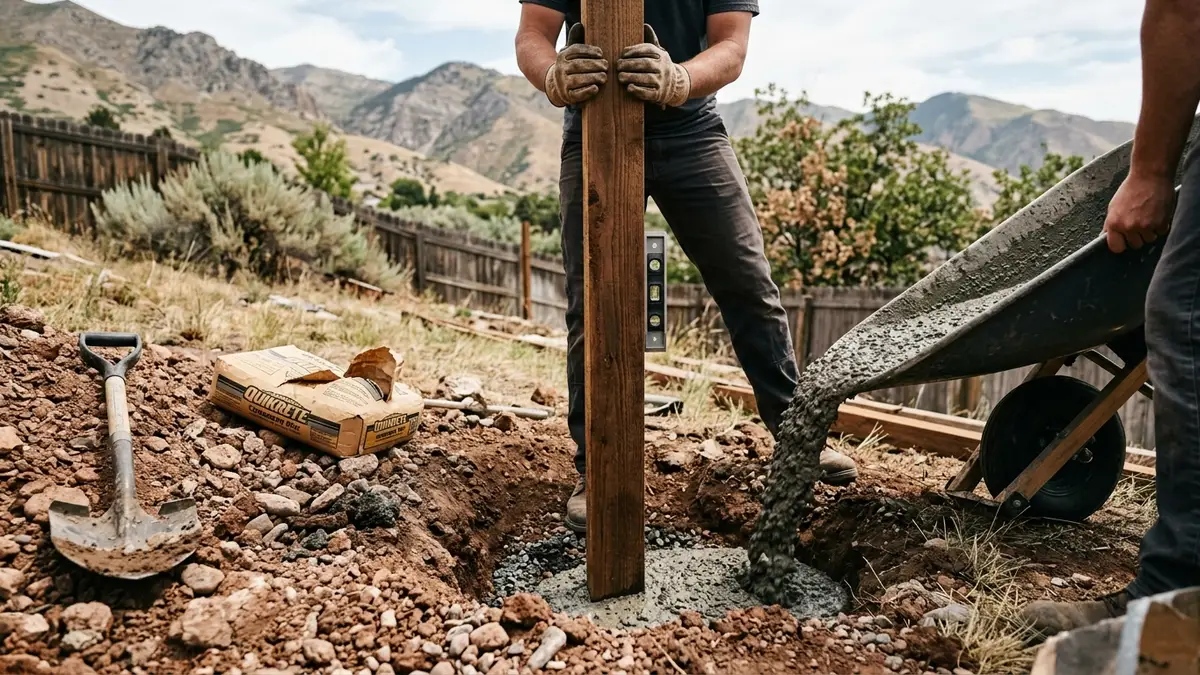 Wooden fence post being set plumb in wet concrete in rocky Utah clay soil