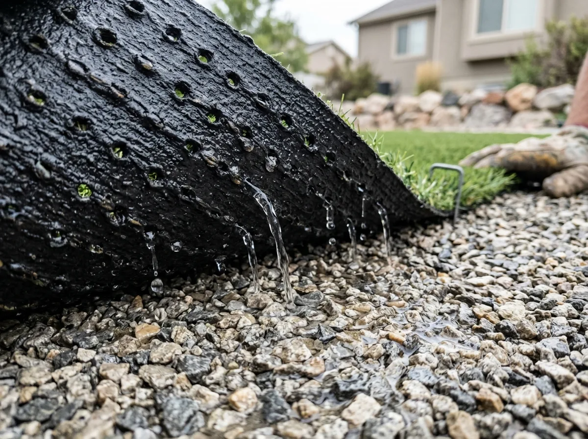 Close-up of perforated artificial turf backing with water draining through it into the crushed rock base during a pet turf installation in a Utah backyard