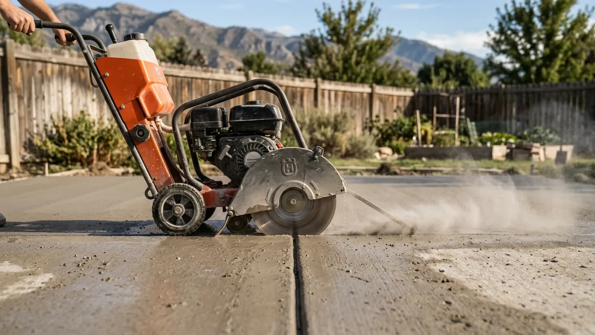 Control joint being cut into a curing residential concrete slab in a Utah backyard