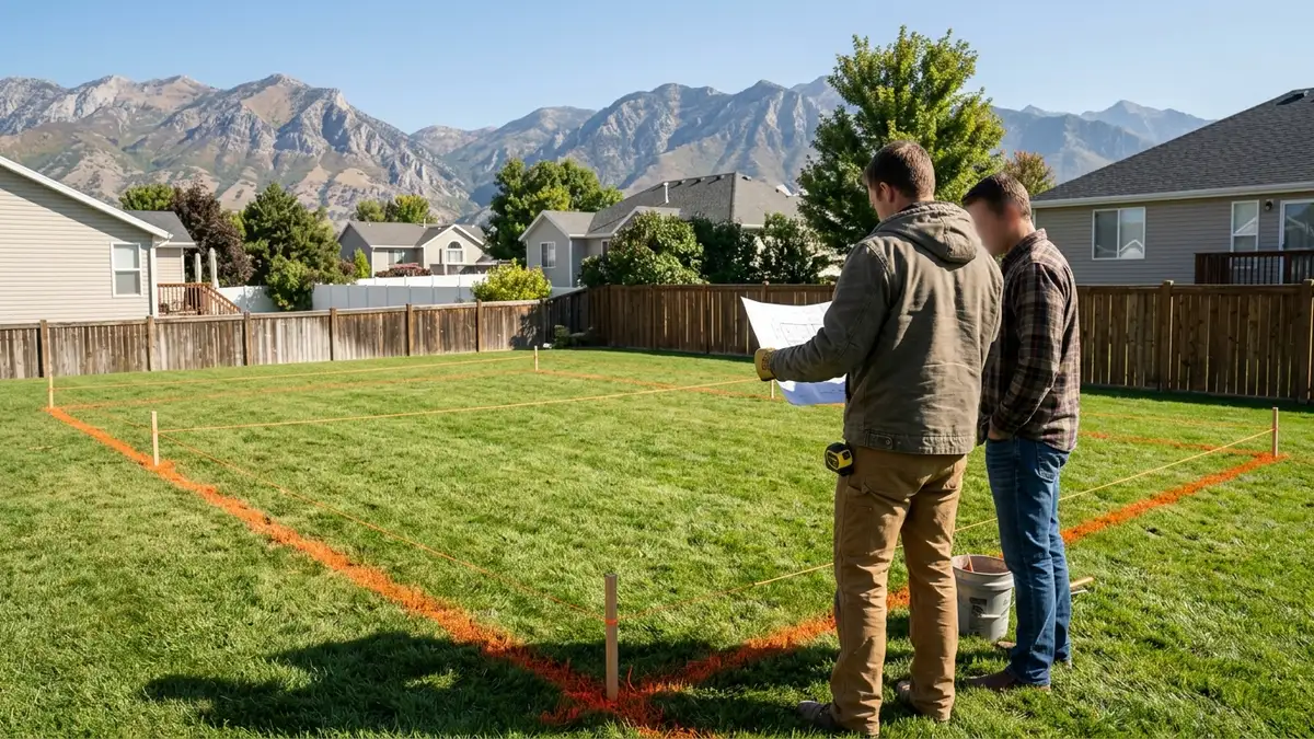 Contractor and homeowner reviewing a paper site plan beside a backyard area marked out with string lines and orange paint for a sport court in Utah