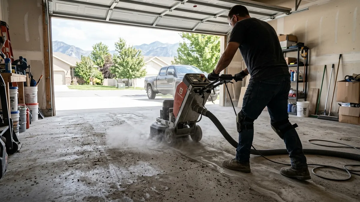 Contractor running a diamond floor grinder over a bare concrete garage slab to prep it before epoxy coating in a Utah home