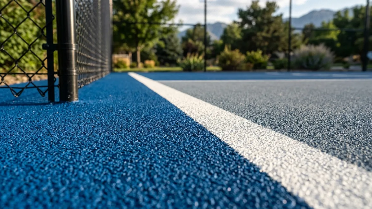 Close-up of a textured blue acrylic pickleball court surface with a crisp white boundary line